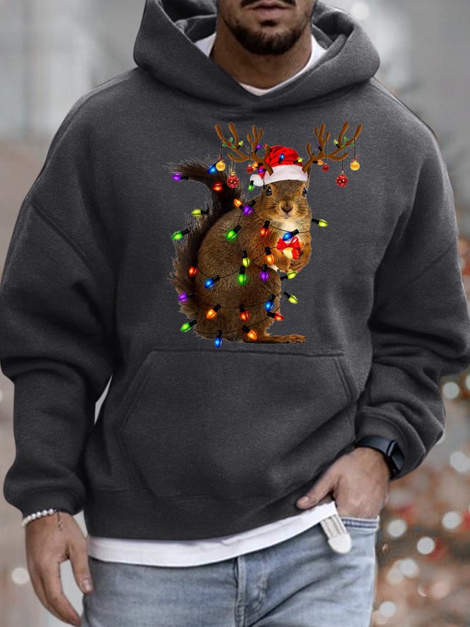 Men's Squirrel Christmas Lights Funny Graphics Print Casual Loose Sweatshirt