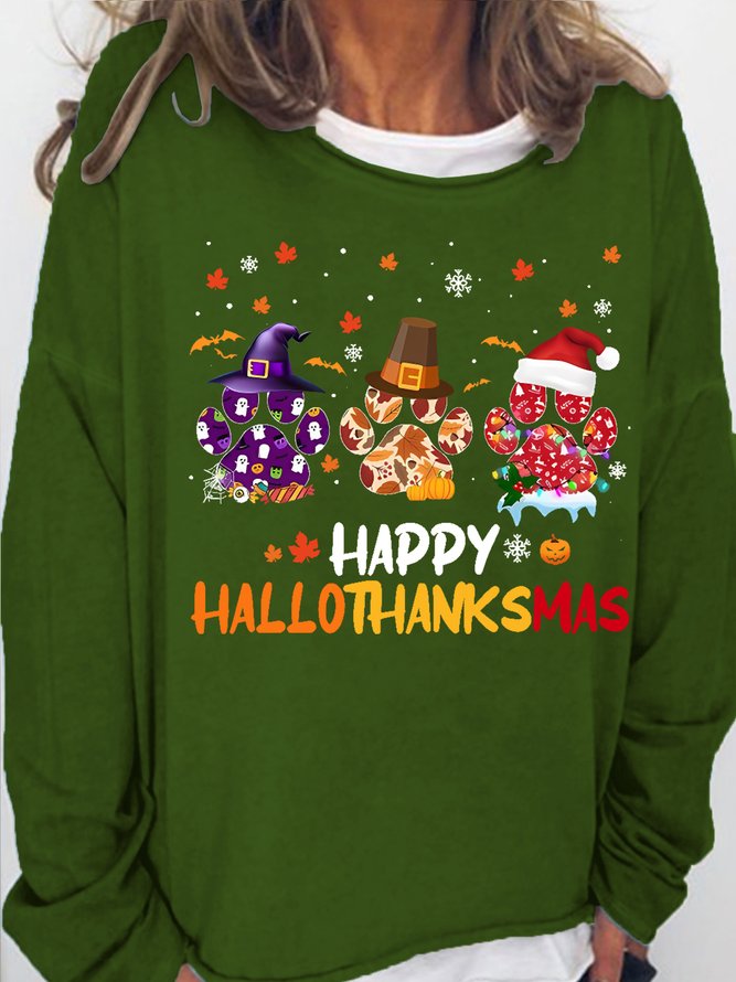 Women’s Paw Happy HalloThanksMas Holiday Dog Lover Casual Sweatshirt