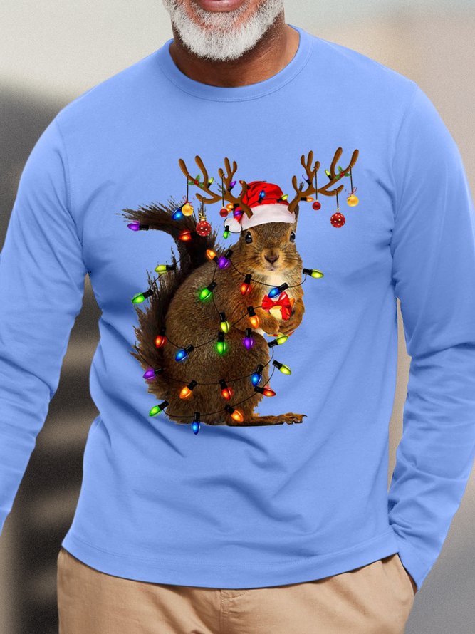 Men's Squirrel Christmas Lights Funny Graphics Print Cotton Loose Casual Top