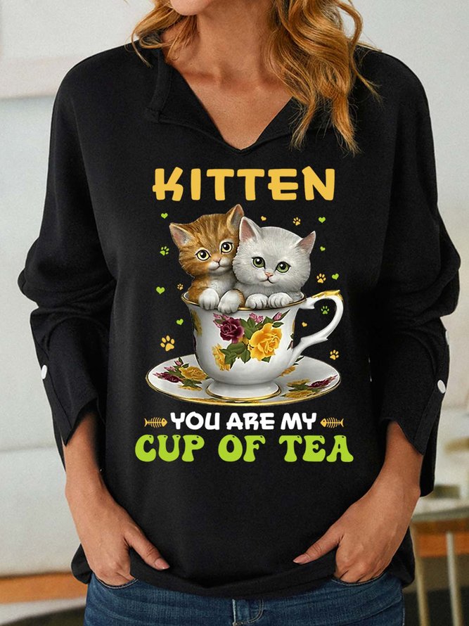 Women’s Kitten You Are My Cup Of Tea Cats Regular Fit Casual Shawl Collar Sweatshirt