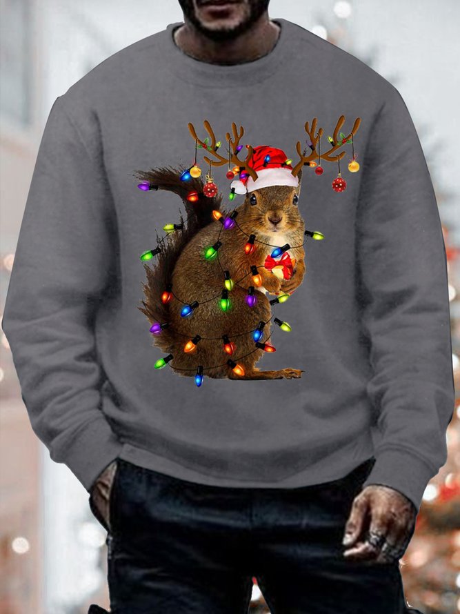 Men's Squirrel Christmas Lights Funny Graphics Print Cotton-Blend Casual Sweatshirt