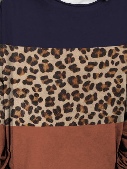 Women's Color Block Leopard Crew Neck Loose Off Shoulder Sleeve Casual Sweatshirt