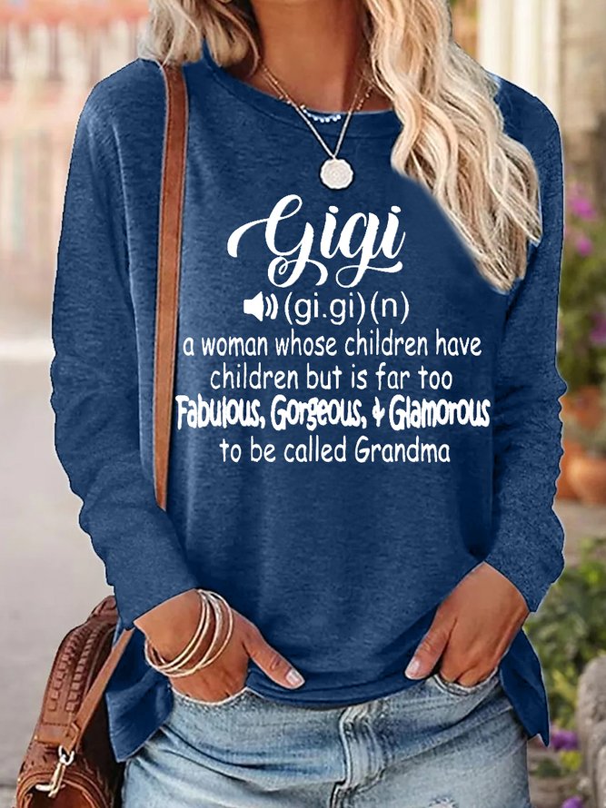 Women's Grandma Funny GiGi Word Crew Neck Cotton-Blend Simple Long Sleeve Top