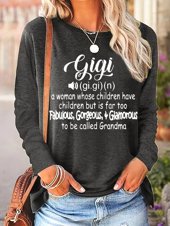 Women's Grandma Funny GiGi Word Crew Neck Cotton-Blend Simple Long Sleeve Top
