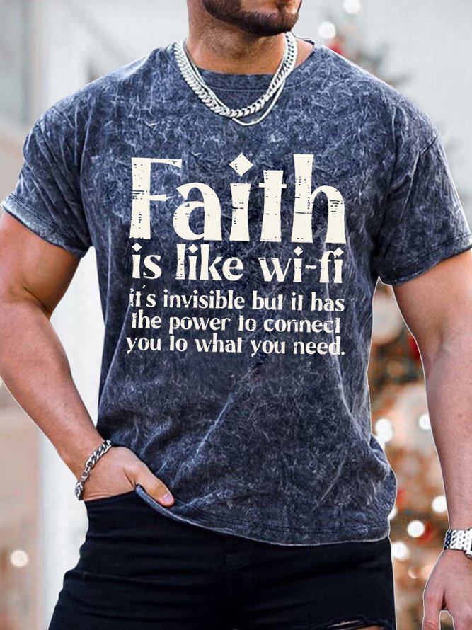 Men's Faith Is Like Wifi Funny Graphics Print Casual Crew Neck Text Letters Loose T-Shirt