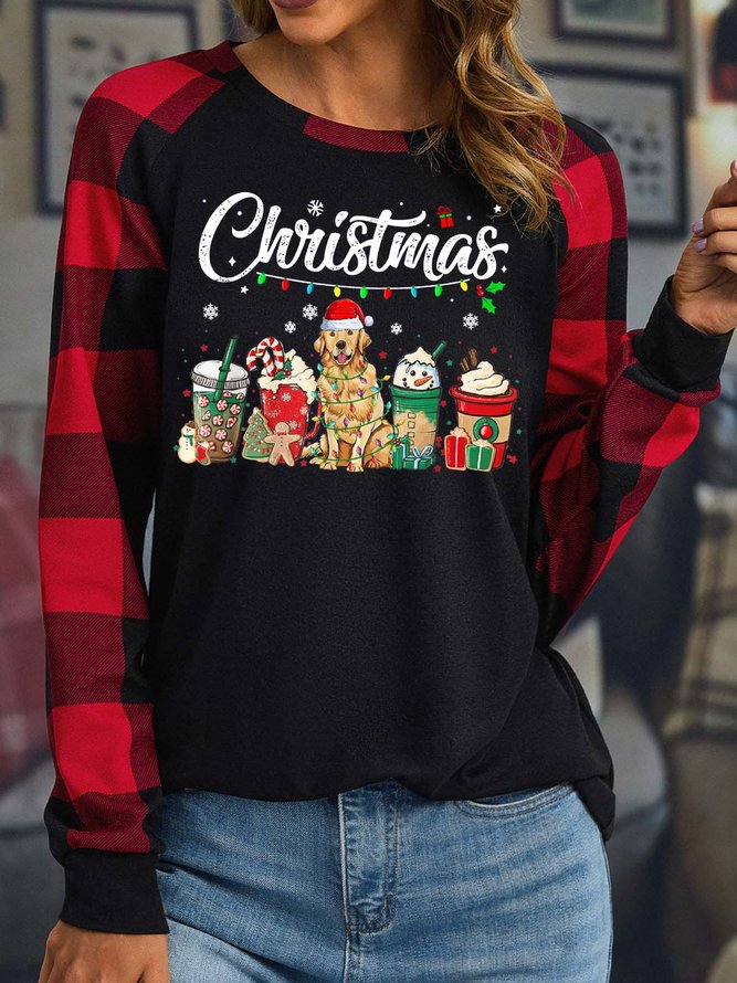 Women’s Merry Christmas Dog Coffee Gift Casual Crew Neck Top