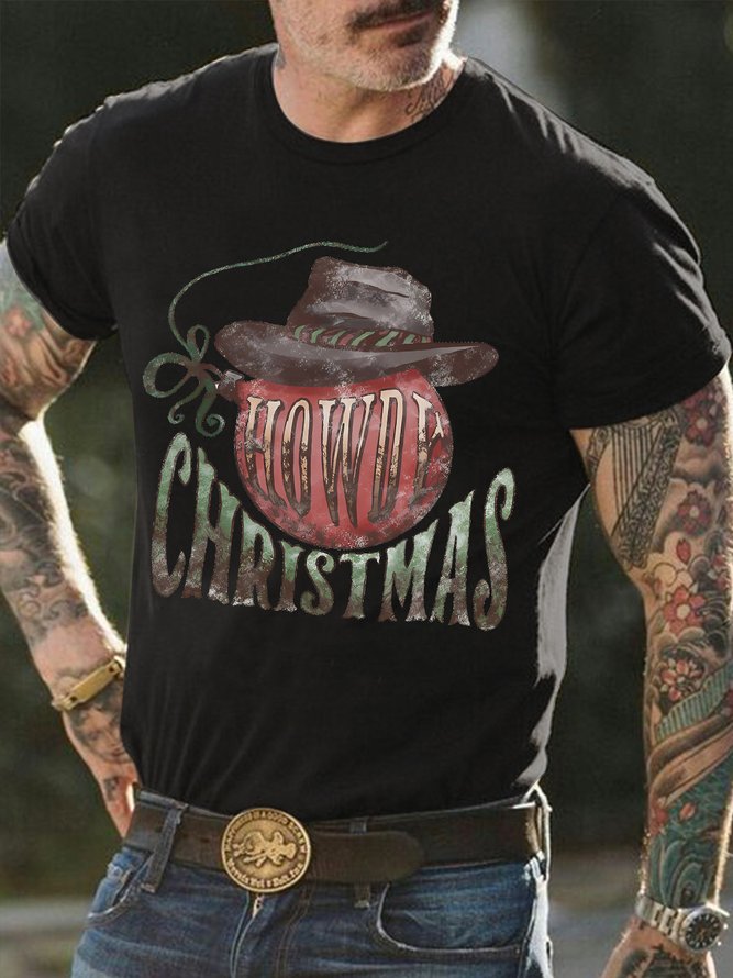 Men's Howdy Christmas Cowboy Funny Graphics Print Casual Animal Loose Cotton T-Shirt