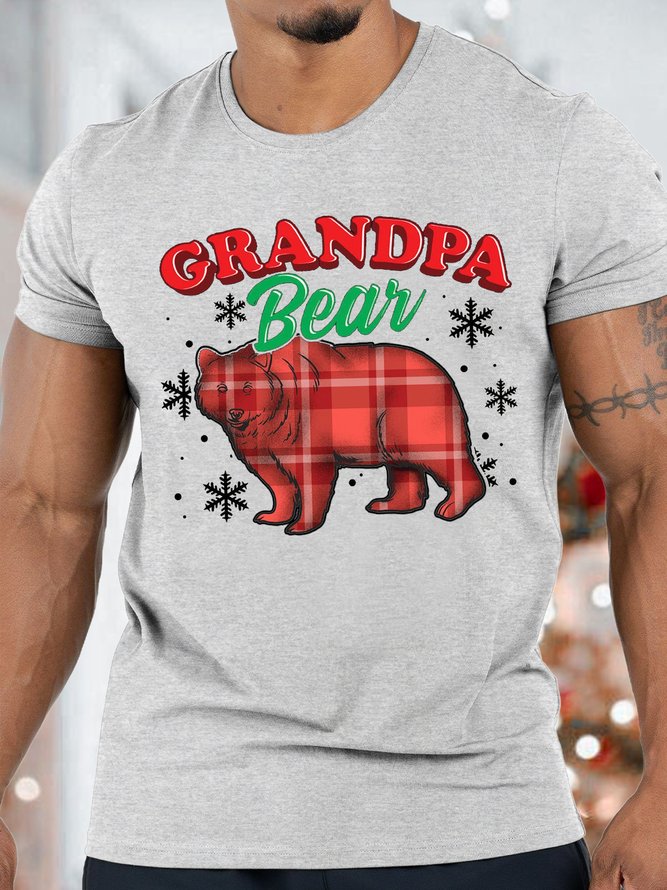 Men's Grandpa Bear Buffalo Plaid Graphics Print Crew Neck Casual Cotton Christmas T-Shirt