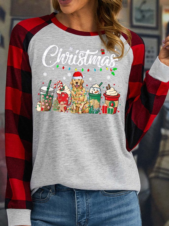 Women’s Merry Christmas Dog Coffee Gift Casual Crew Neck Top