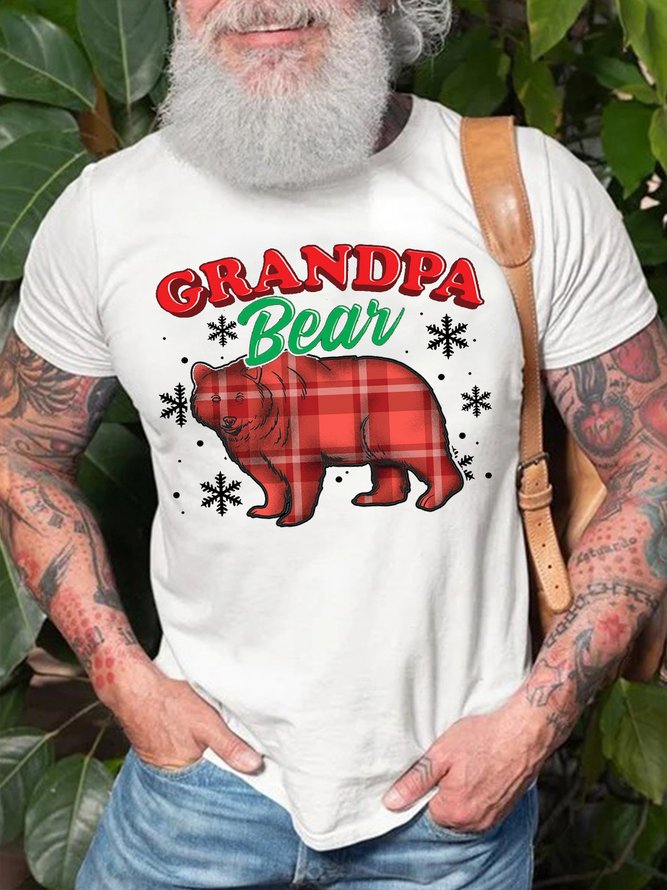 Men's Grandpa Bear Buffalo Plaid Graphics Print Crew Neck Casual Cotton Christmas T-Shirt