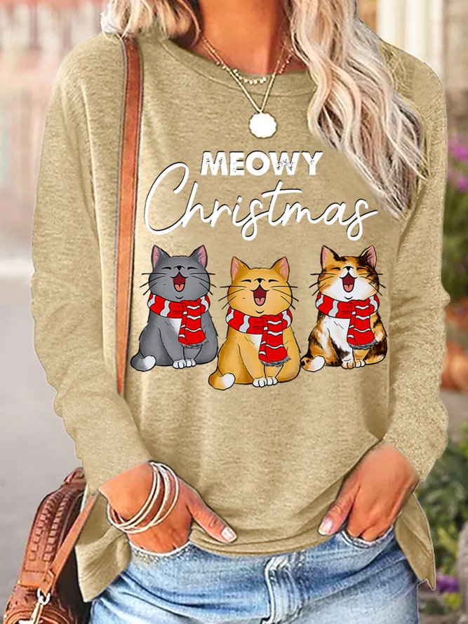 Women's Meowy Christmas Cat Regular Fit Crew Neck Long Sleeve Top