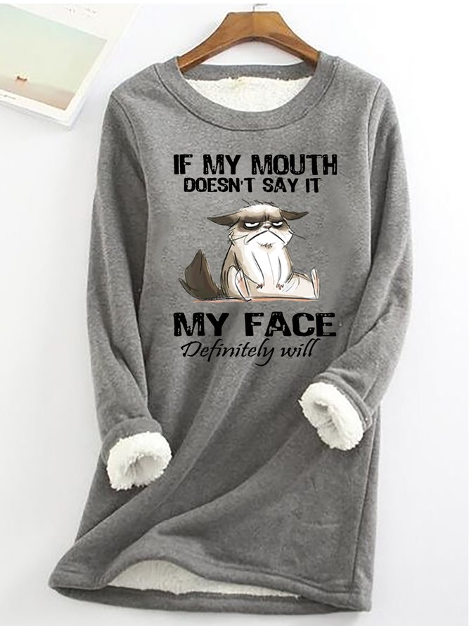 Women's Funny Word Cat Text Letters Warmth Fleece Sweatshirt