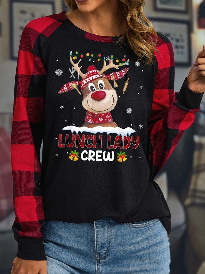 Women’s Lunch Lady Crew Merry Christmas Moose Casual Loose Top