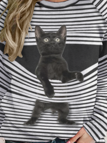 Womens Funny Casual Black Cat Print Sweatshirt