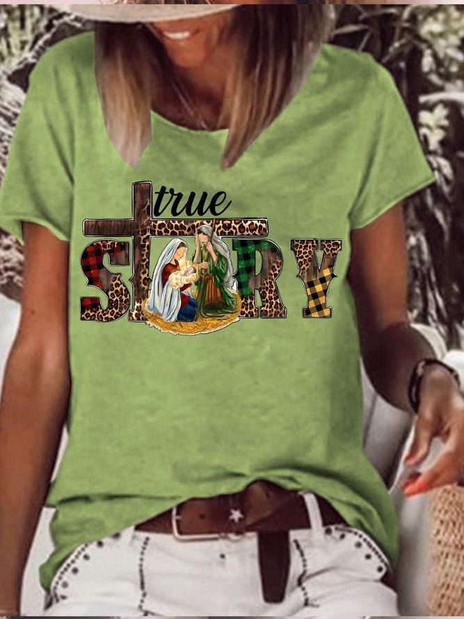 Women's True Story Birth Of Jesus Graphics Print Casual Crew Neck T-Shirt