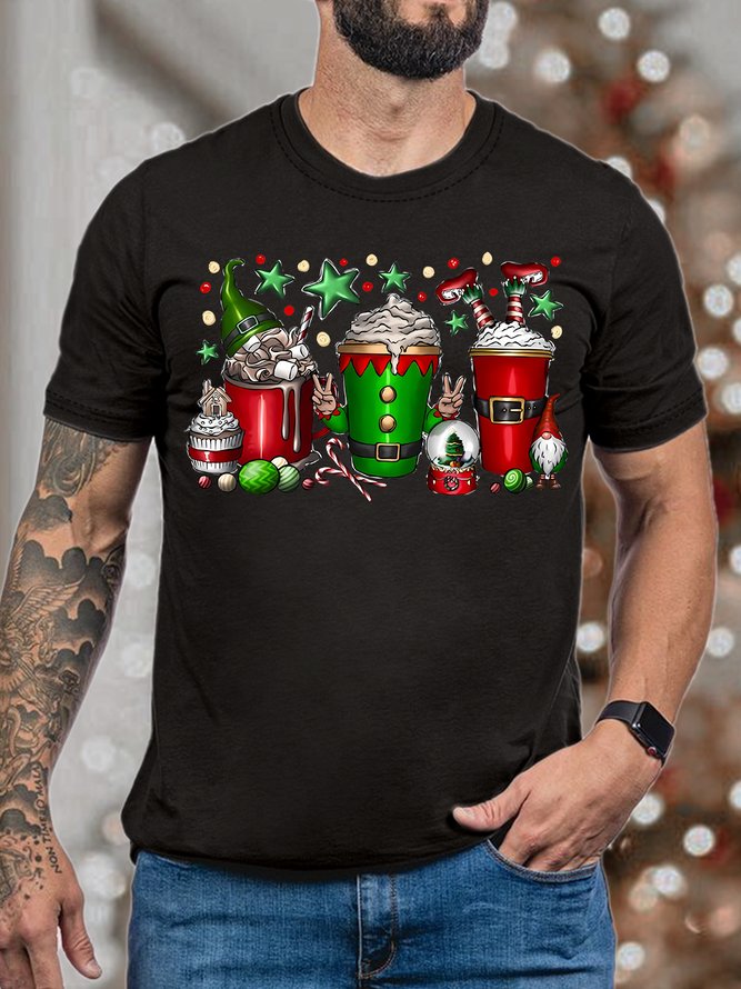 Men's Christmas Gnome Snowman Three Cups of Ice Cream Graphics Print Cotton Casual Crew Neck T-Shirt