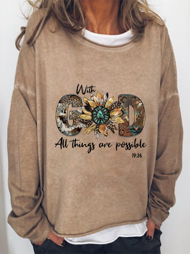 Women's  God  All Things are Possible Crew Neck Loose Daisy Simple Sweatshirt