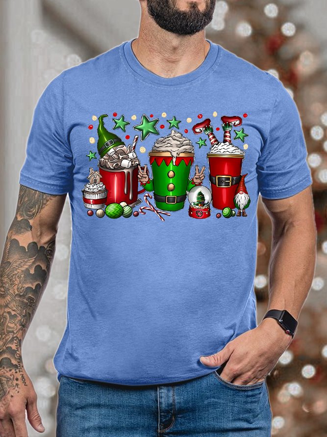 Men's Christmas Gnome Snowman Three Cups of Ice Cream Graphics Print Cotton Casual Crew Neck T-Shirt