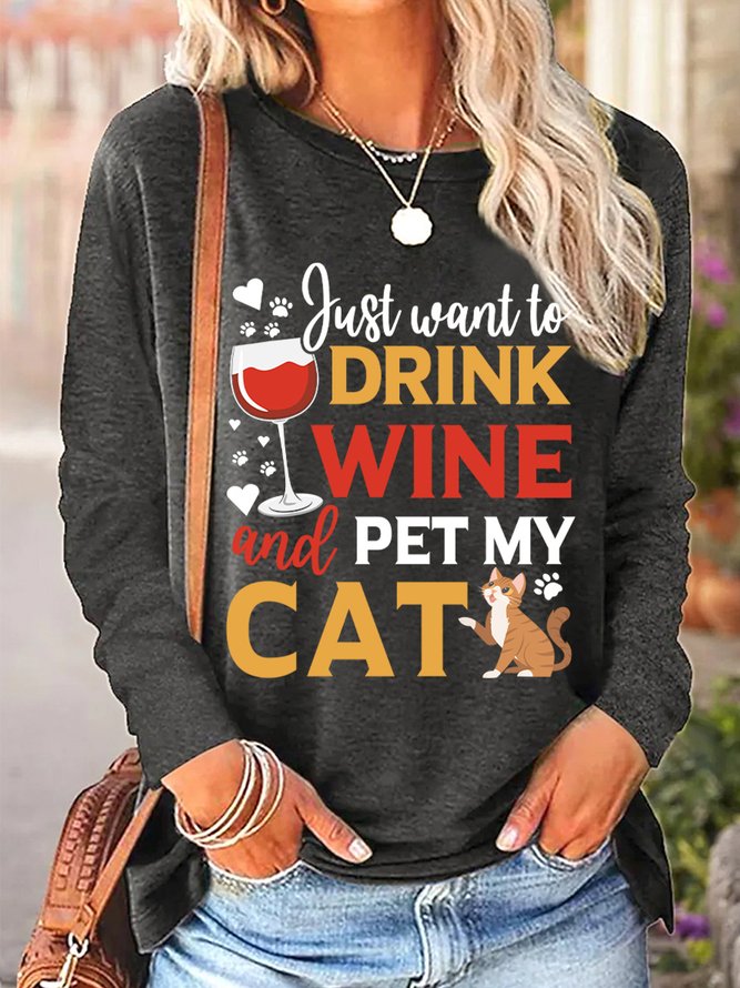 Lilicloth X Manikvskhan Cat Lovers Shirt Just Want To Drink Wine And Pet My Cat Womens Casual Top