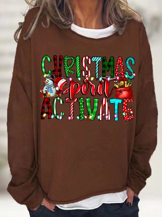Women's Christmas Spirit Activate Snowman Graphics Print Crew Neck Christmas Casual Cotton-Blend Sweatshirt