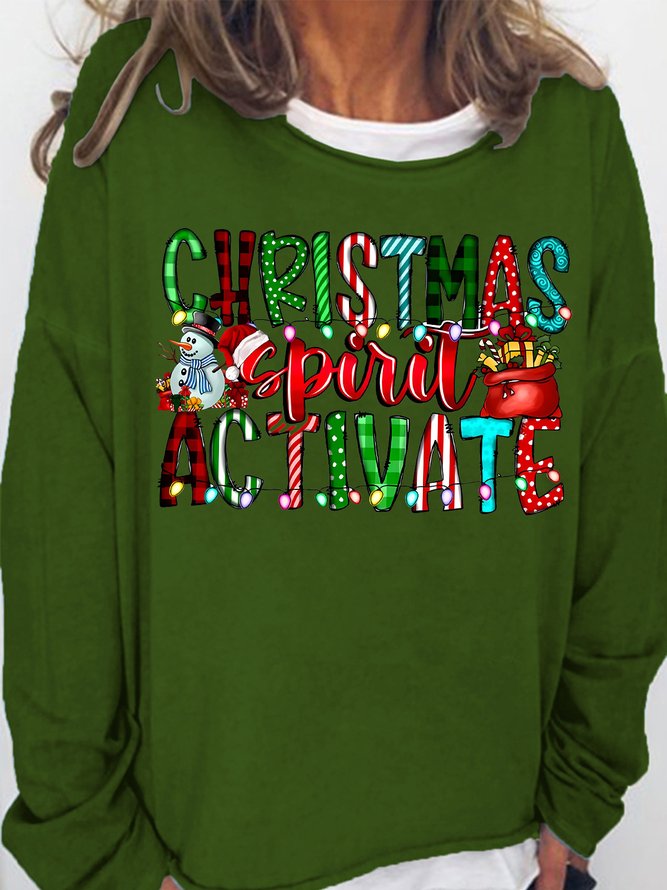 Women's Christmas Spirit Activate Snowman Graphics Print Crew Neck Christmas Casual Cotton-Blend Sweatshirt