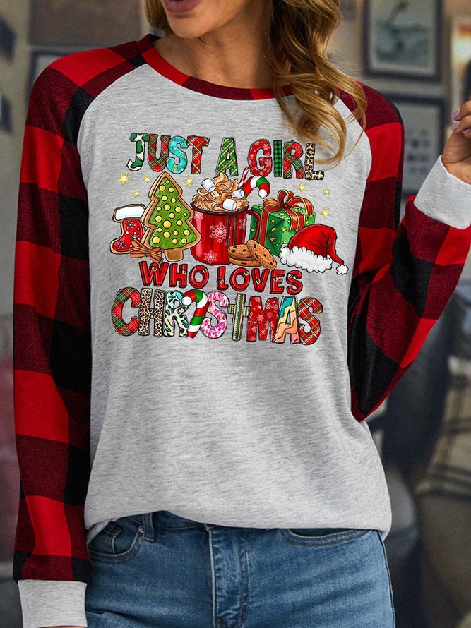 Women’s Just A Girl Who Loves Christmas Hat Gift Christmas Crew Neck Polyester Cotton Casual Top