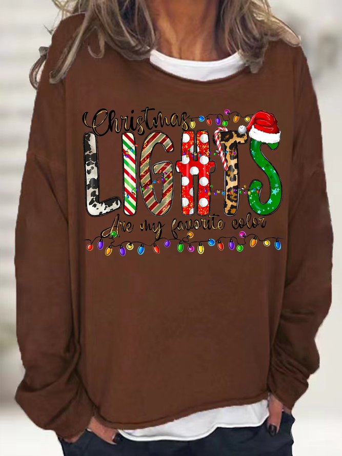 Women's christmas lights are my favoute color Graphics Print Crew Neck Christmas Loose Casual Sweatshirt