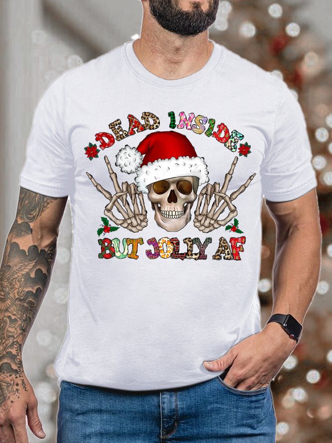 Men's Christmas Dear Insidebut Jolly Af  Graphics Print Skull Casual Loose Cotton T-Shirt