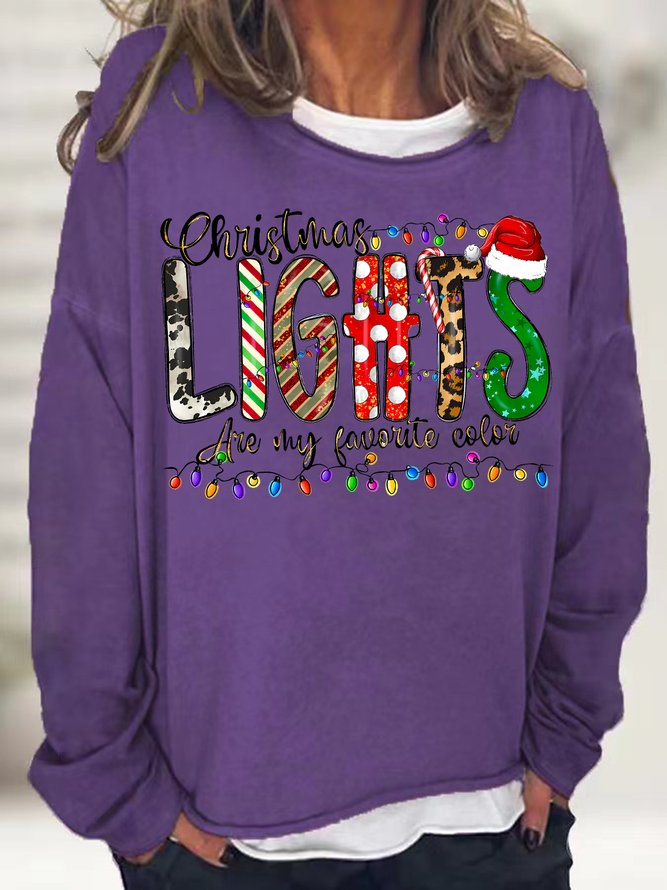 Women's christmas lights are my favoute color Graphics Print Crew Neck Christmas Loose Casual Sweatshirt