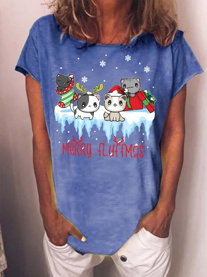 Women’s Merry Fluffmas Cats Hat Christmas Casual T-Shirt