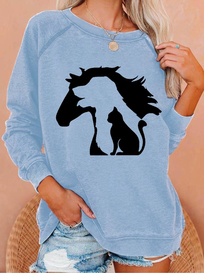 Women's Lovely Horse Dog Cat Printed Simple Animal Graphic Sweatshirt