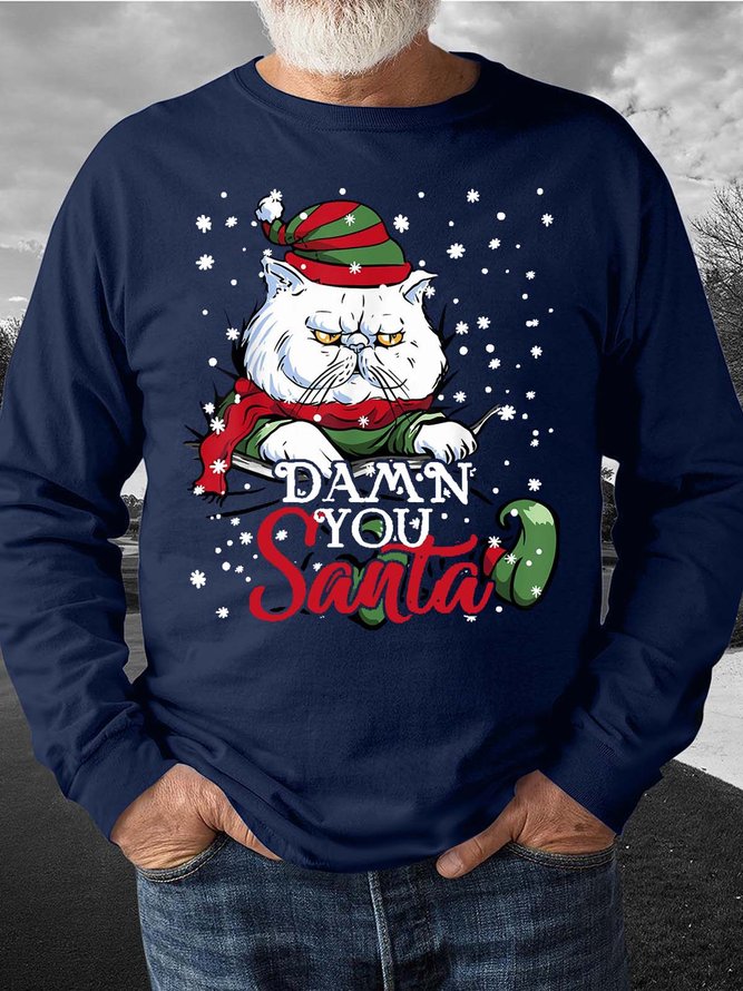 Men’s Damn You Santa Merry Christmas Cat Crew Neck Casual Regular Fit Christmas Sweatshirt