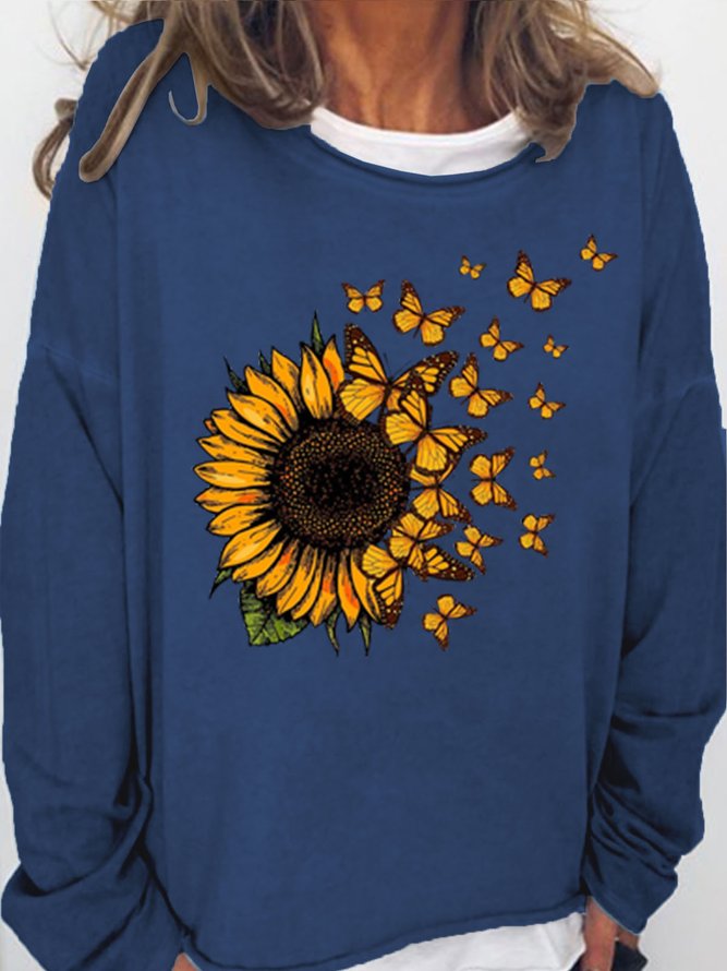Women's Sunflower Butterfly Print Crew Neck Casual Sweatshirt