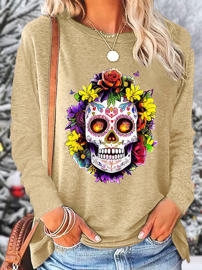 Women‘s Floral Sugar Skull Day of the Dead Dia De Muertos Print Top