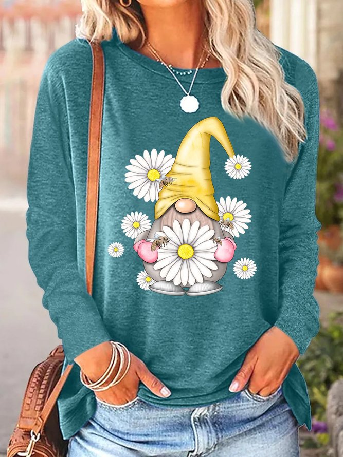 Womens Gnome Daisy Bee Print Crew Neck Casual Top