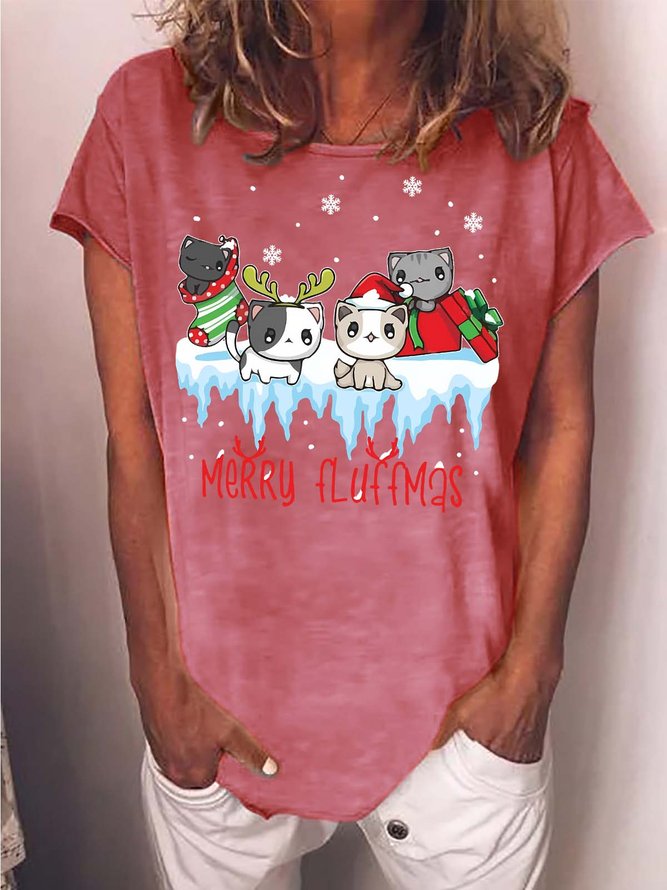 Women’s Merry Fluffmas Cats Hat Christmas Casual T-Shirt