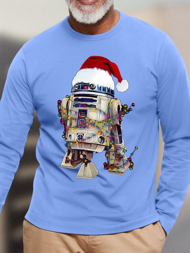 Men's Christmas Robot Dog Funny Graphic Print Crew Neck Cotton Casual Top