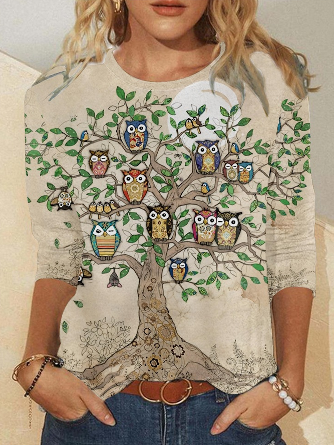 Women's Funny Owl Tree Print Casual Crew Neck Top