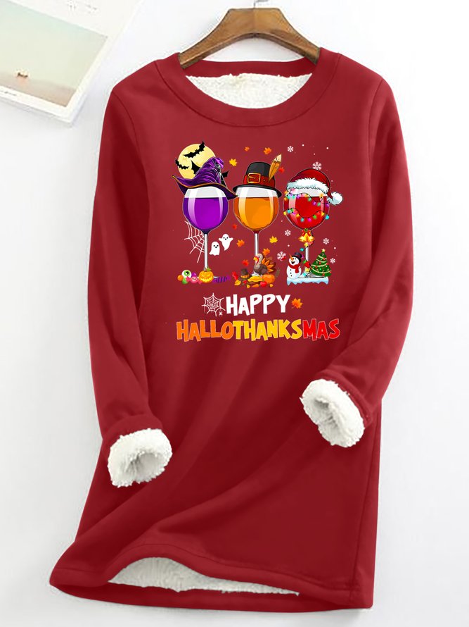Women's Happy Hallothankmas Three Red Wine Glasses Merry Christmas Funny Graphic Print Warmth Fleece Sweatshirt Loose Christmas Crew Neck Casual Sweatshirt