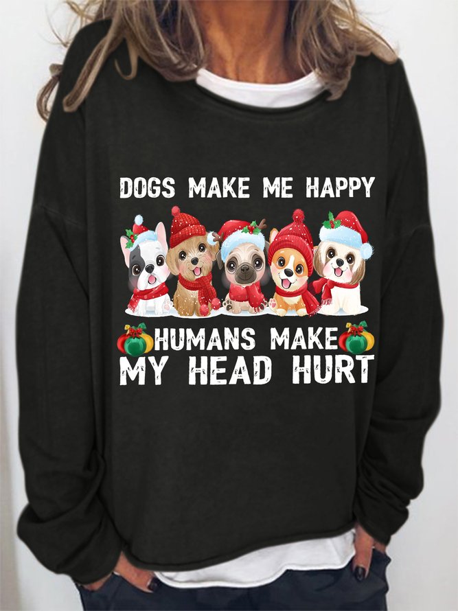 Women‘s Christmas Dogs Make Me Happy Crew Neck Simple Dog Lover Loose Sweatshirt