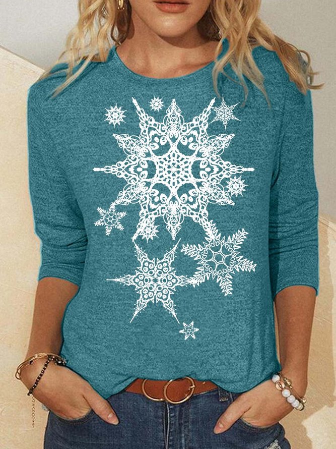 Women’s Snowflake Merry Christmas Cotton-Blend Casual Christmas Top
