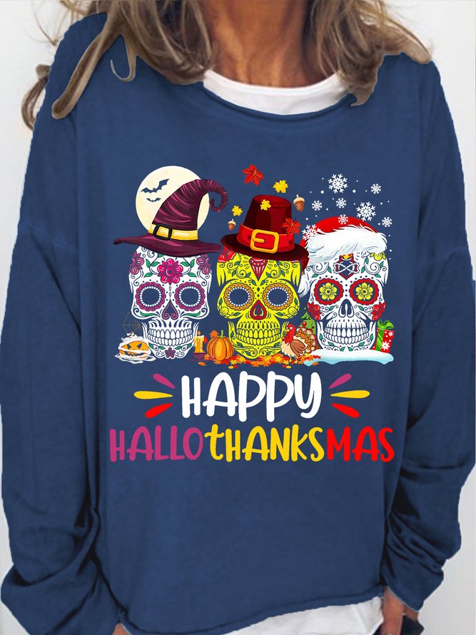 Womens Holiday Sugar Skull Hallothankmas Letters Print Sweatshirt
