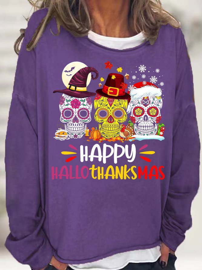 Womens Holiday Sugar Skull Hallothankmas Letters Print Sweatshirt