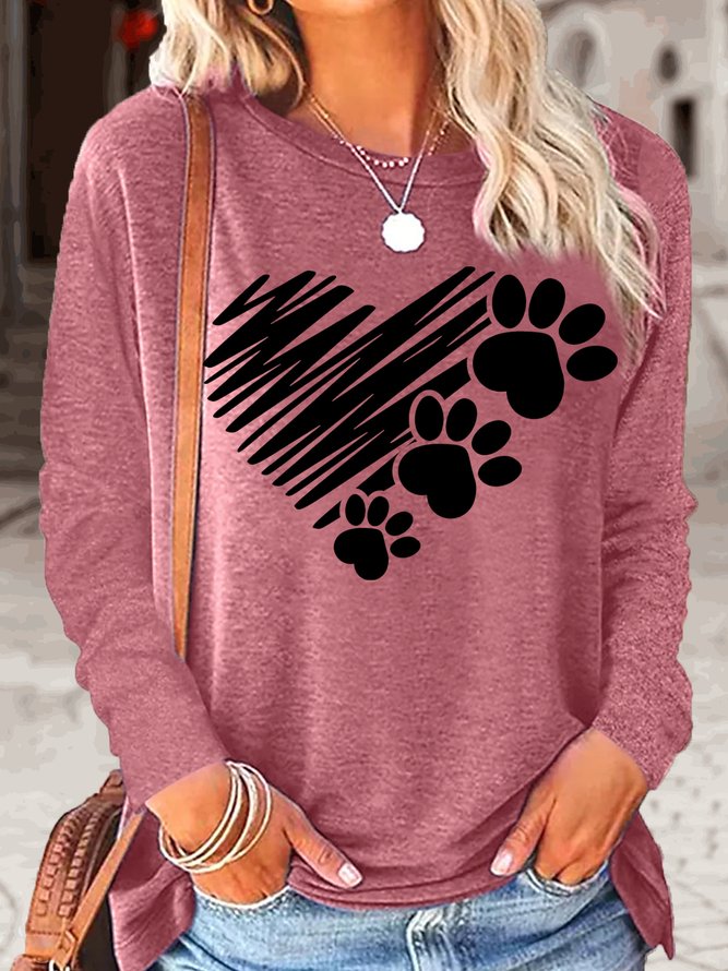 Women's Casual Dog Paw Heart Print Dog Mom Gift Crew Neck Top