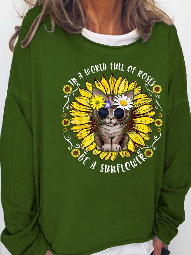 Women’s In A World Full Of Roses Be A Sunflower Animal Loose Crew Neck Casual Sweatshirt