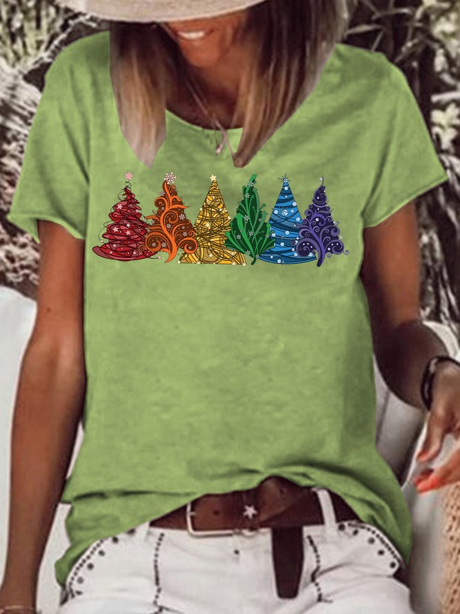 Women's Christmas Tree Print Crew Neck Casual T-Shirt