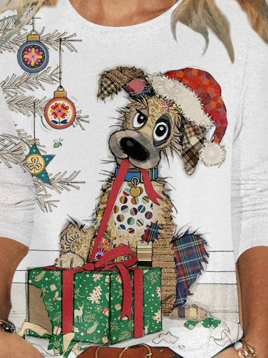 Women‘s Christmas Dog Print Casual Crew Neck Top