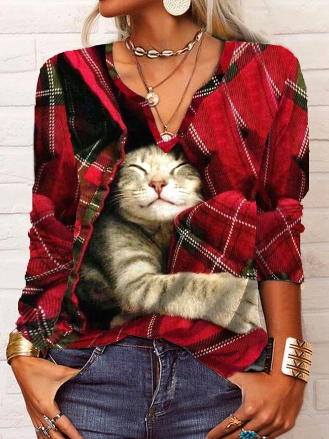 Casual Christmas Plaid Cat Long sleeve V Neck T-Shirt