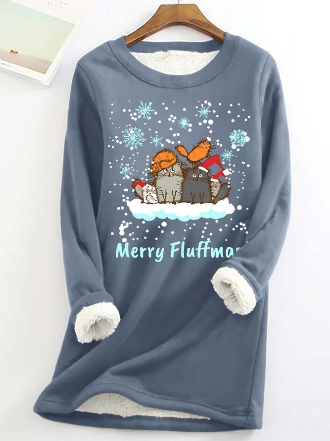 Women’s Merry Fluffmas Merry Christmas Cats Casual Crew Neck Sweatshirt