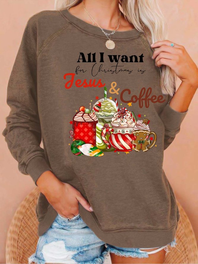 Women’s All I Want For Christmas Is Jesus And Coffee Christmas Crew Neck Casual Loose Sweatshirt